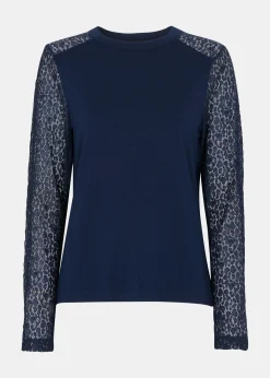 Navy Lace Sleeve Detail Top
