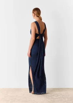 Navy Lace Tie Back Maxi Dress