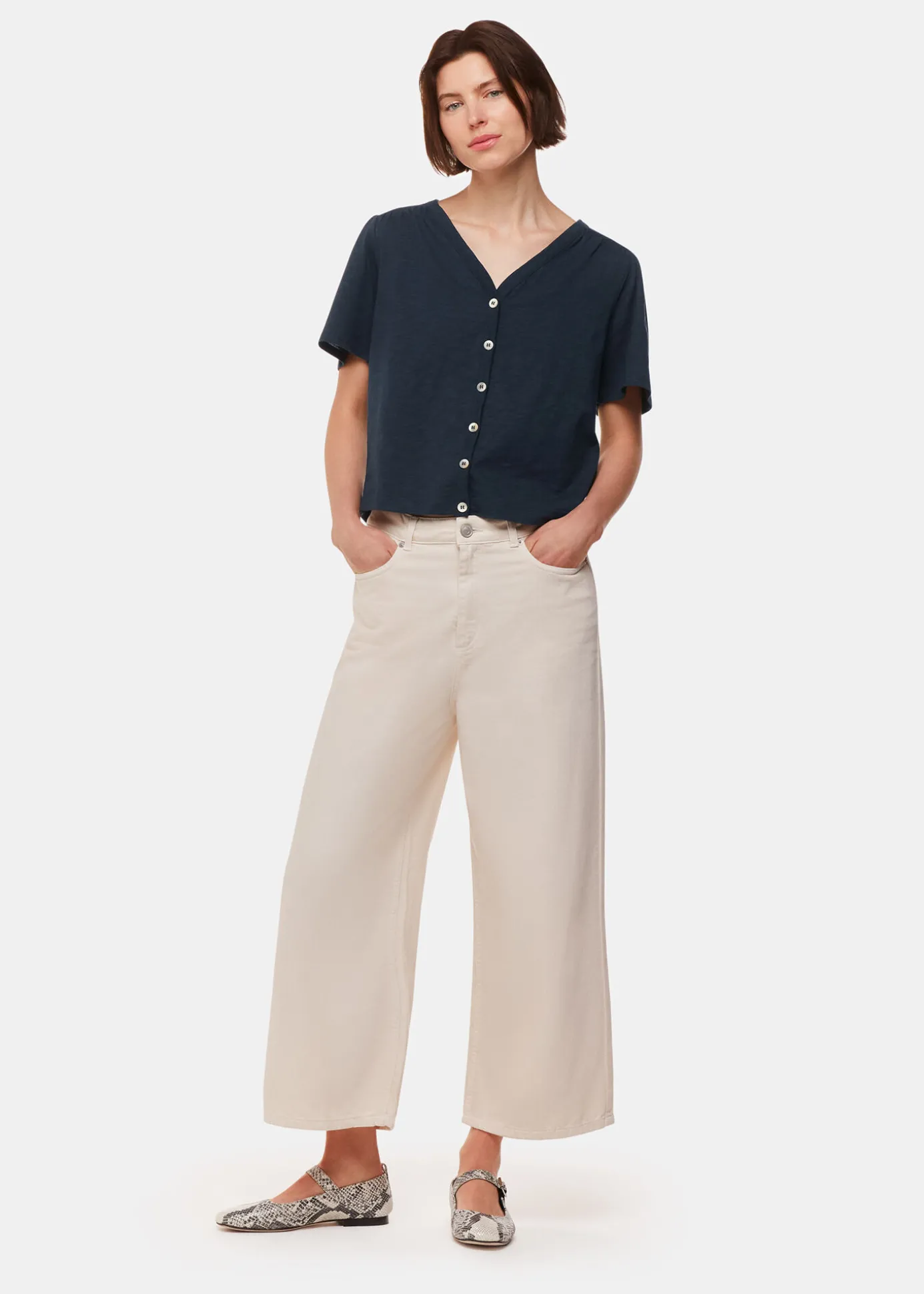 Navy Maeve V Neck Button Front Tee