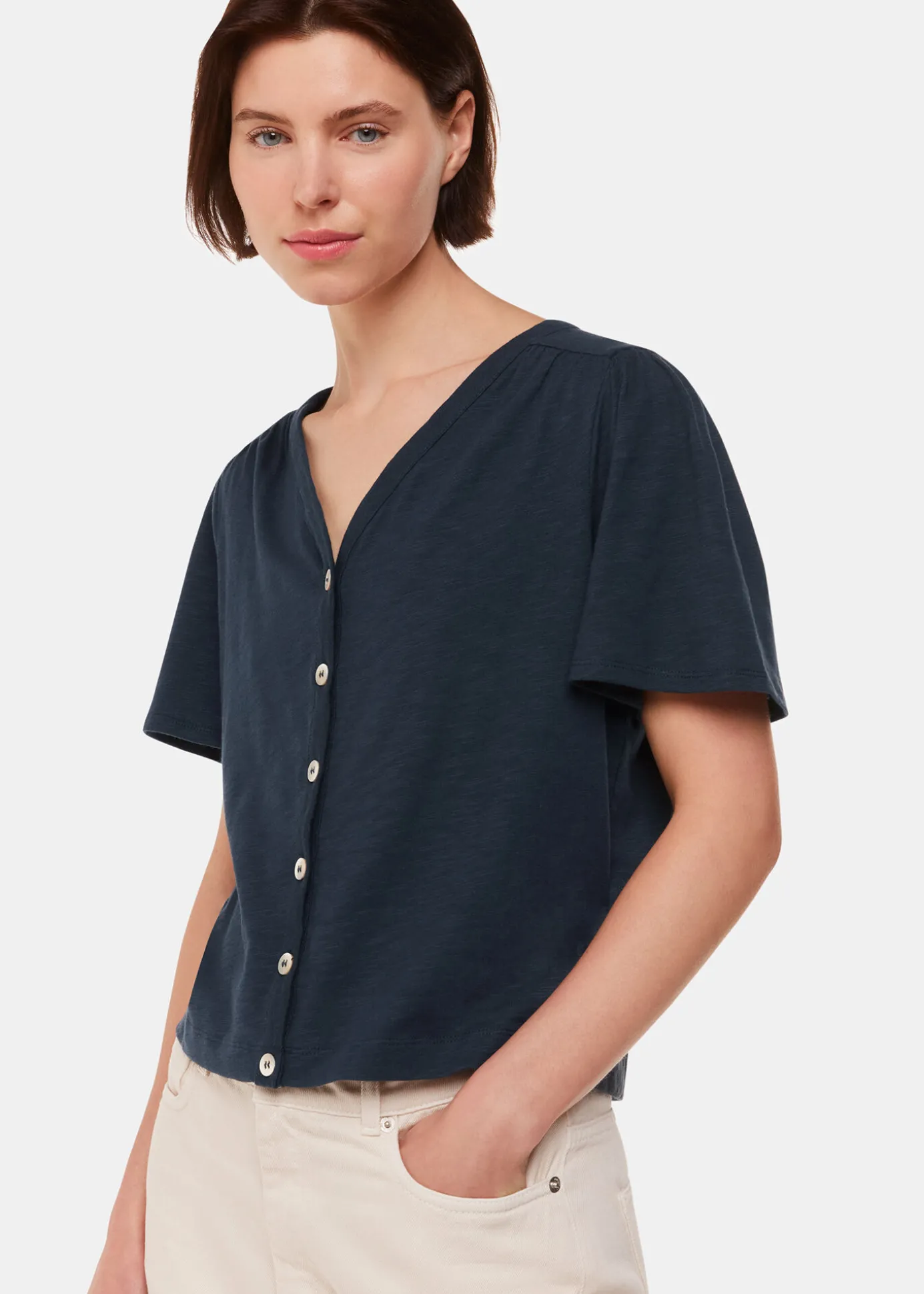 Navy Maeve V Neck Button Front Tee