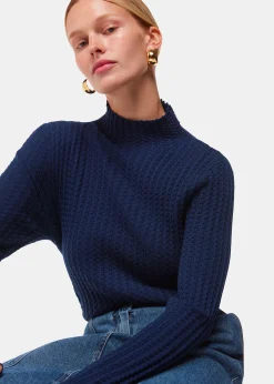 Navy Textured Detail High Neck Knit