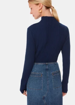 Navy Textured Detail High Neck Knit