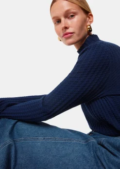 Navy Textured Detail High Neck Knit