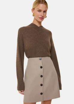 Neutral Button Front Wool Mini Skirt