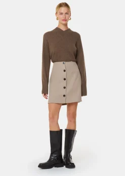 Neutral Button Front Wool Mini Skirt