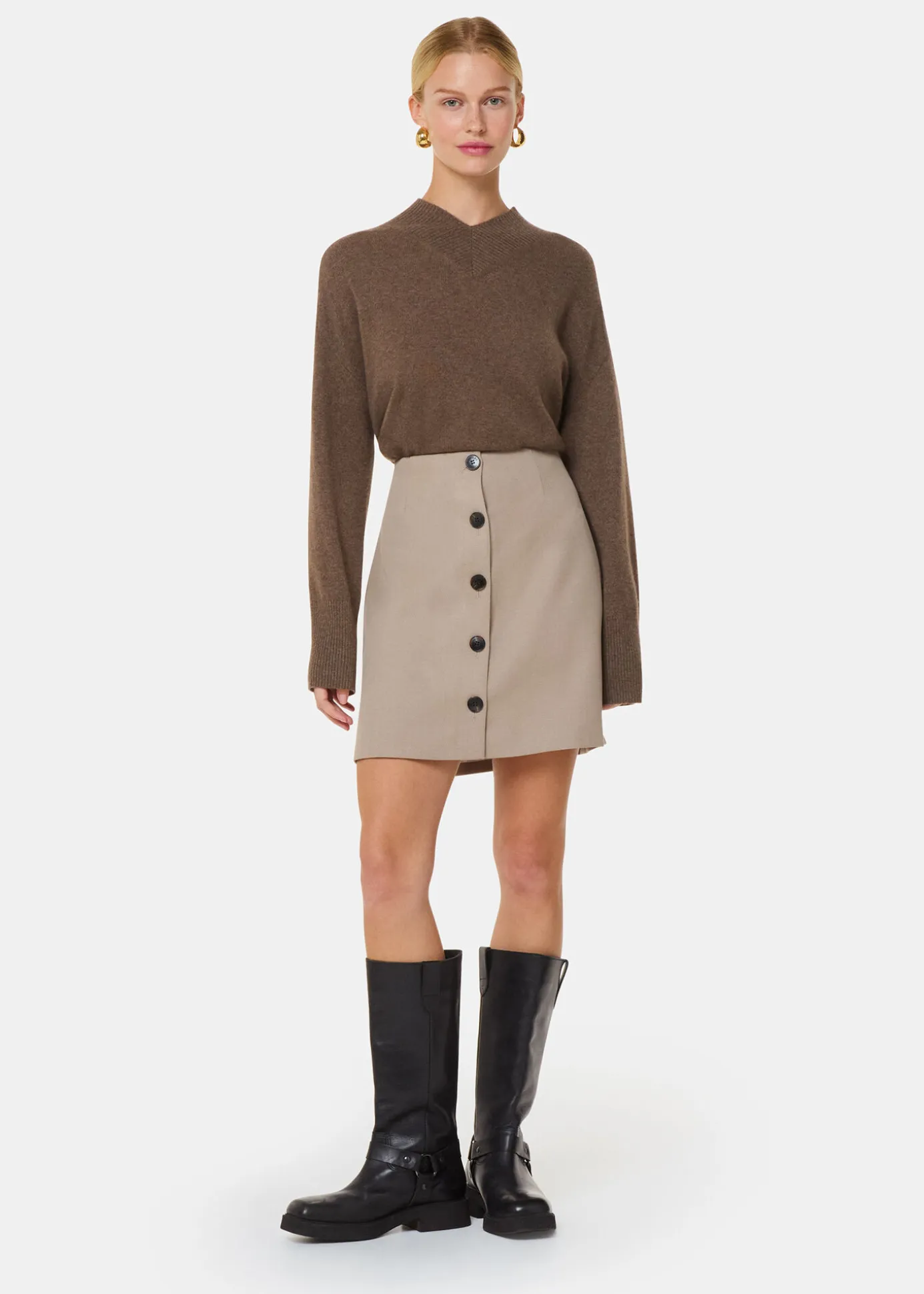Neutral Button Front Wool Mini Skirt