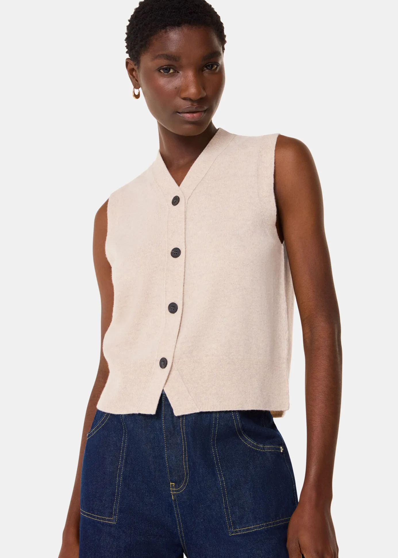 Oatmeal Wool V Neck Button Front Tank