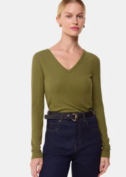 Olive Diagonal Rib V Neck Top