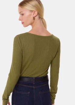 Olive Diagonal Rib V Neck Top