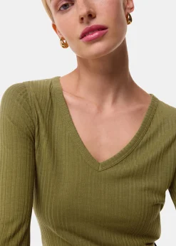 Olive Diagonal Rib V Neck Top