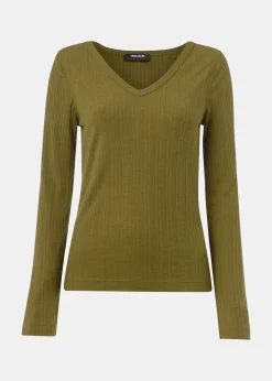 Olive Diagonal Rib V Neck Top