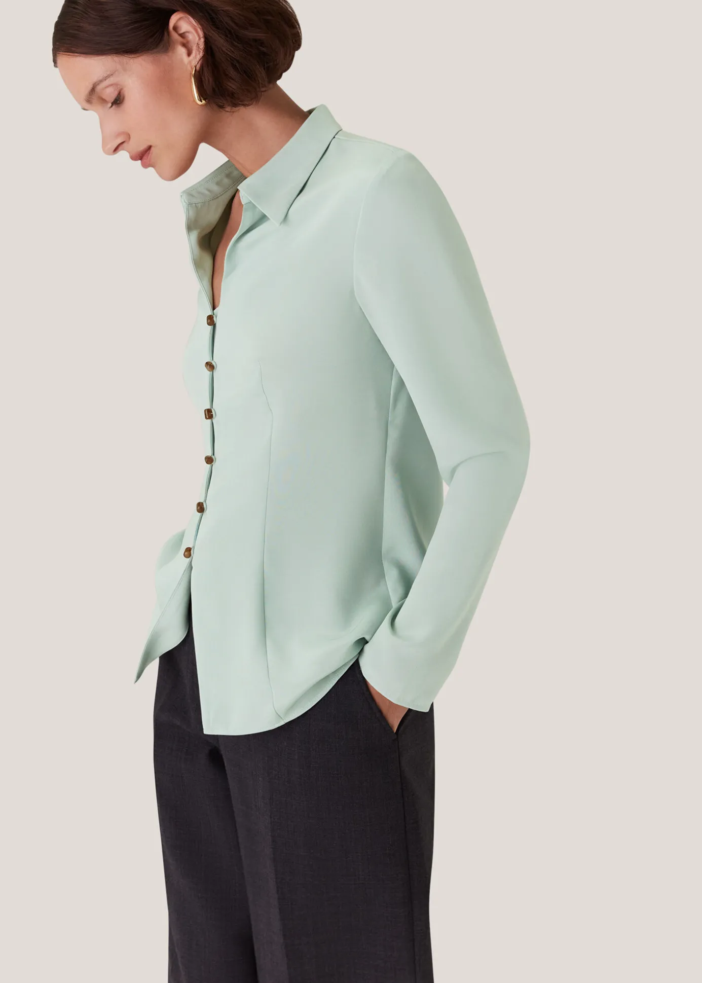 Pale Blue Silk Blend V Neck Shirt
