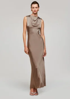 Pewter Cowl Neck Satin Maxi Dress