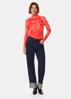 Red Blurred Blooms Mesh Top