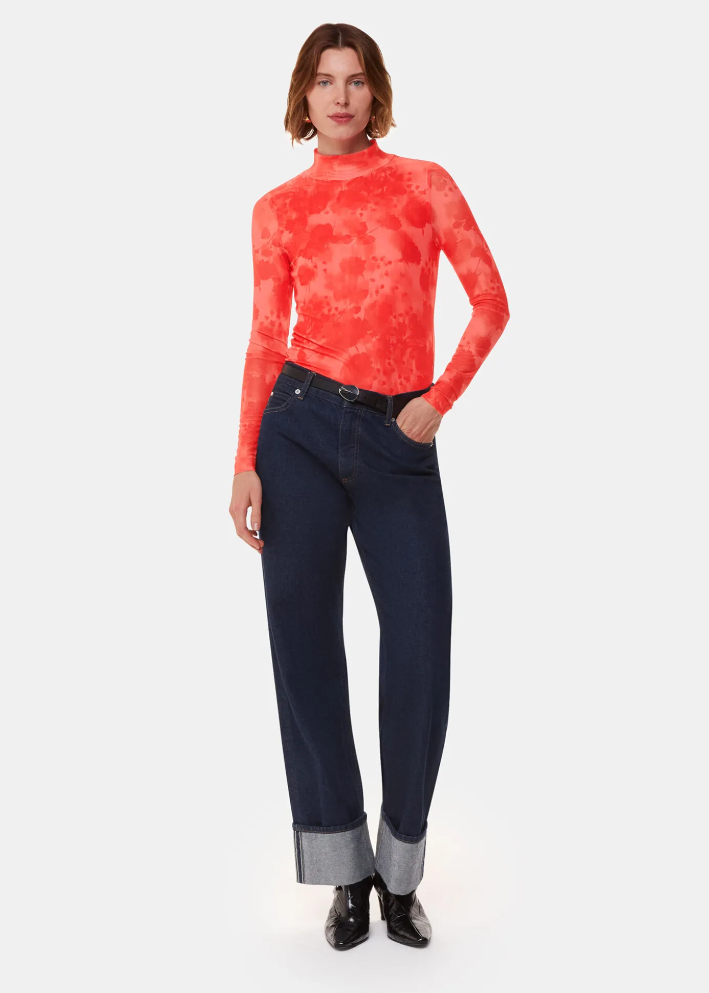 Red Blurred Blooms Mesh Top