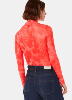 Red Blurred Blooms Mesh Top