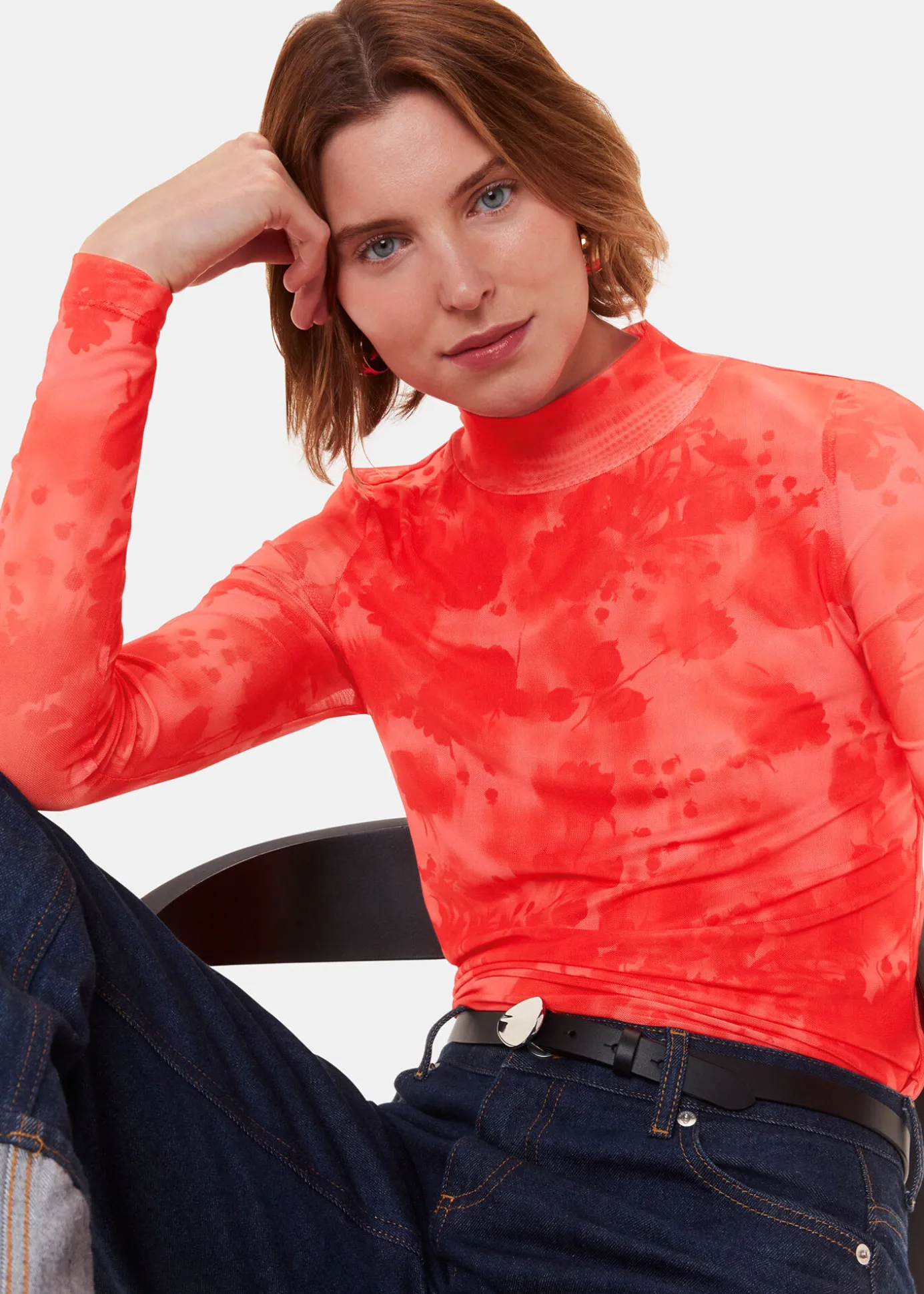 Red Blurred Blooms Mesh Top