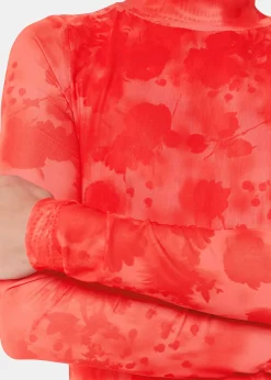 Red Blurred Blooms Mesh Top