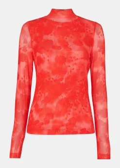 Red Blurred Blooms Mesh Top