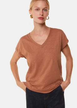 Tan Willa V Neck Cap Sleeve Tee