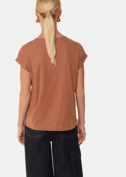 Tan Willa V Neck Cap Sleeve Tee