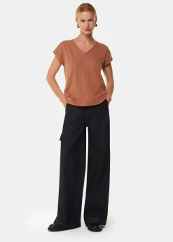 Tan Willa V Neck Cap Sleeve Tee