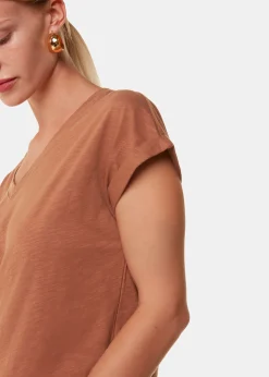 Tan Willa V Neck Cap Sleeve Tee