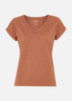 Tan Willa V Neck Cap Sleeve Tee
