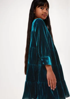 Teal Sawyer Tiered Velvet Dress