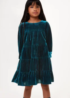 Teal Sawyer Tiered Velvet Dress