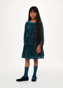 Teal Sawyer Tiered Velvet Dress