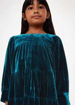 Teal Sawyer Tiered Velvet Dress
