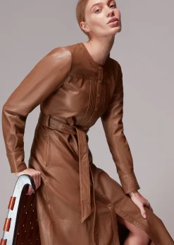 Toffee Pintuck Leather Midi Dress