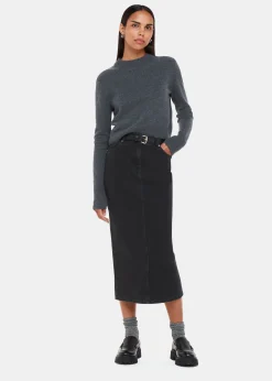 Washed Black Straight Denim Midi Skirt