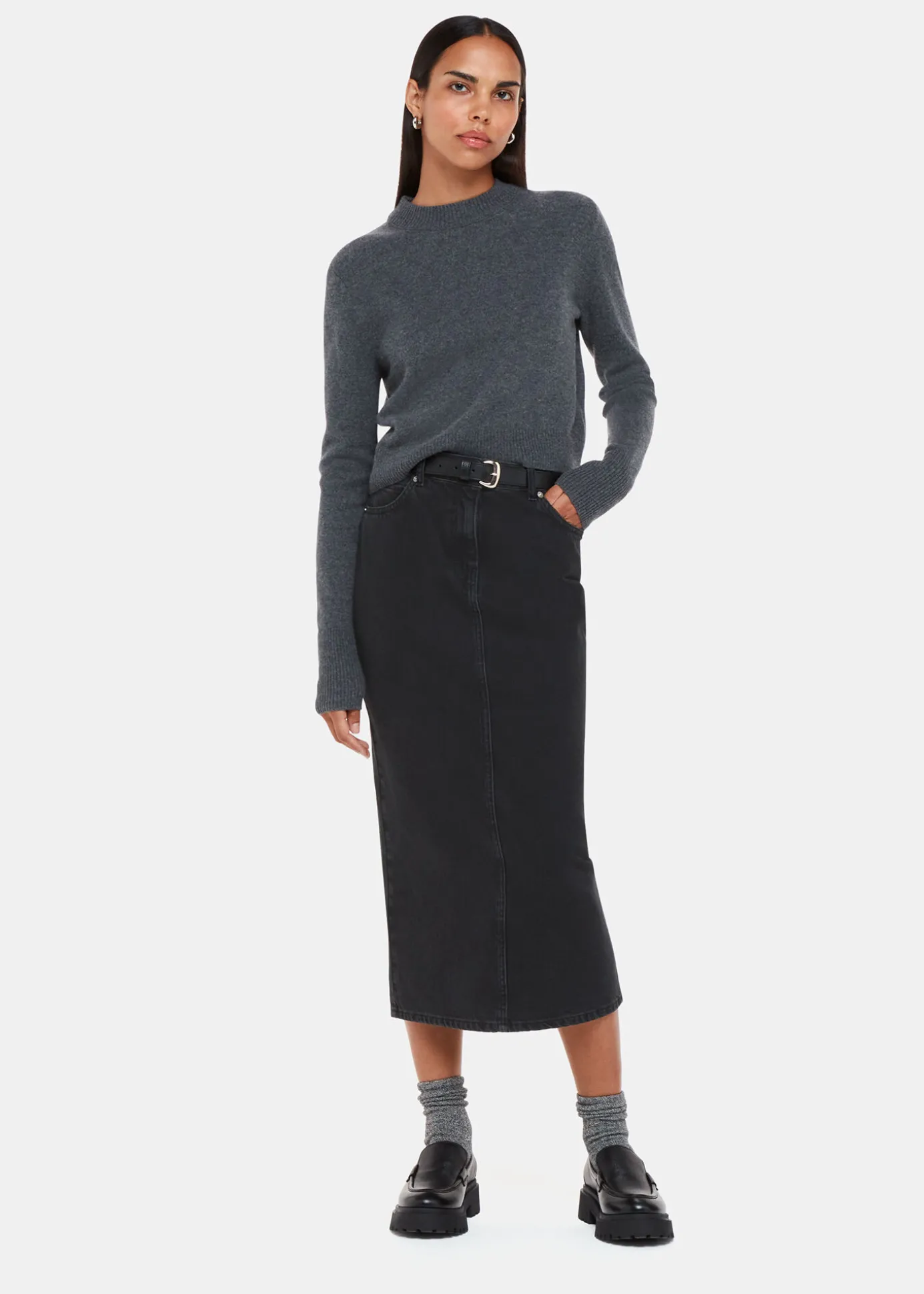 Washed Black Straight Denim Midi Skirt