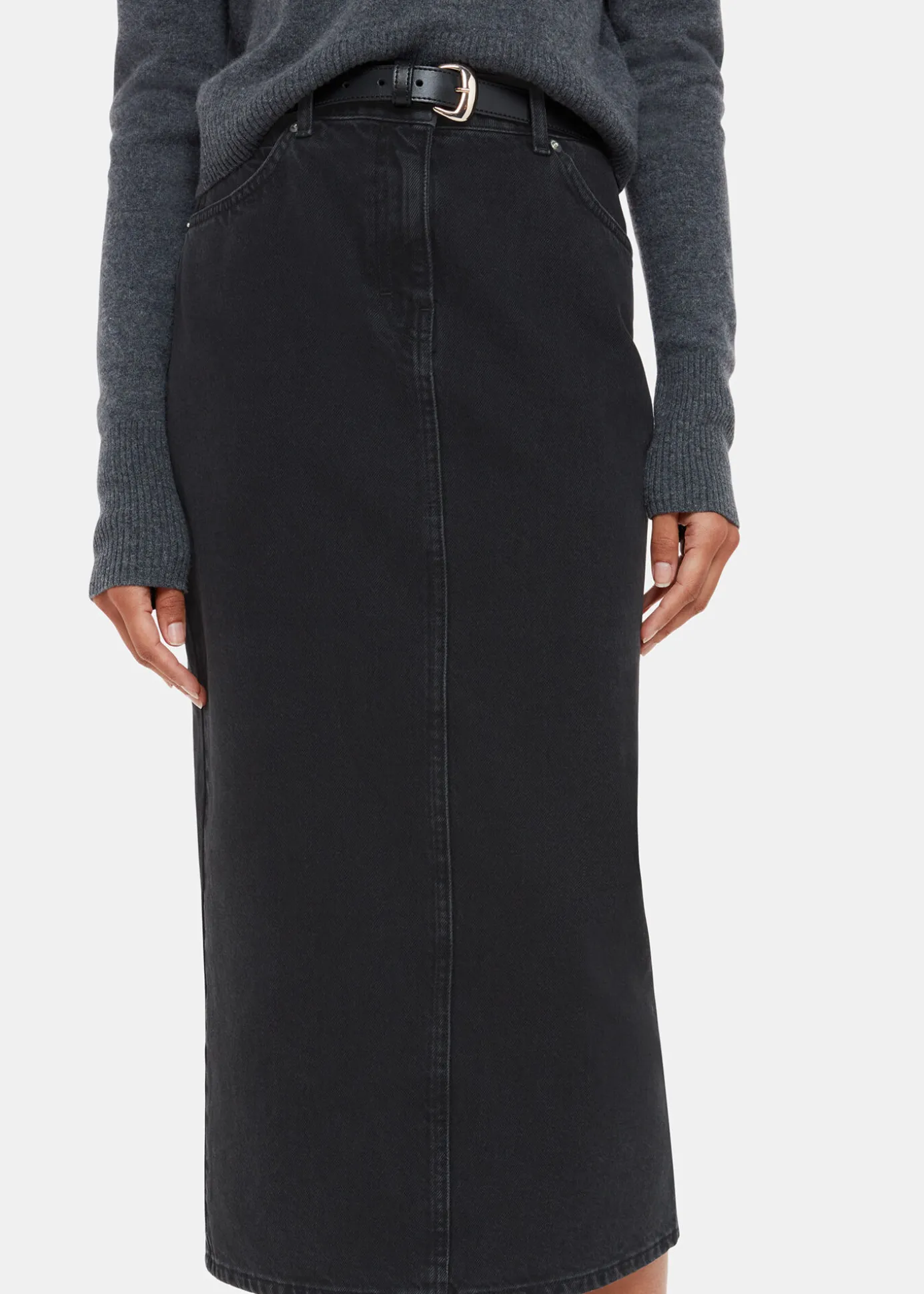 Washed Black Straight Denim Midi Skirt