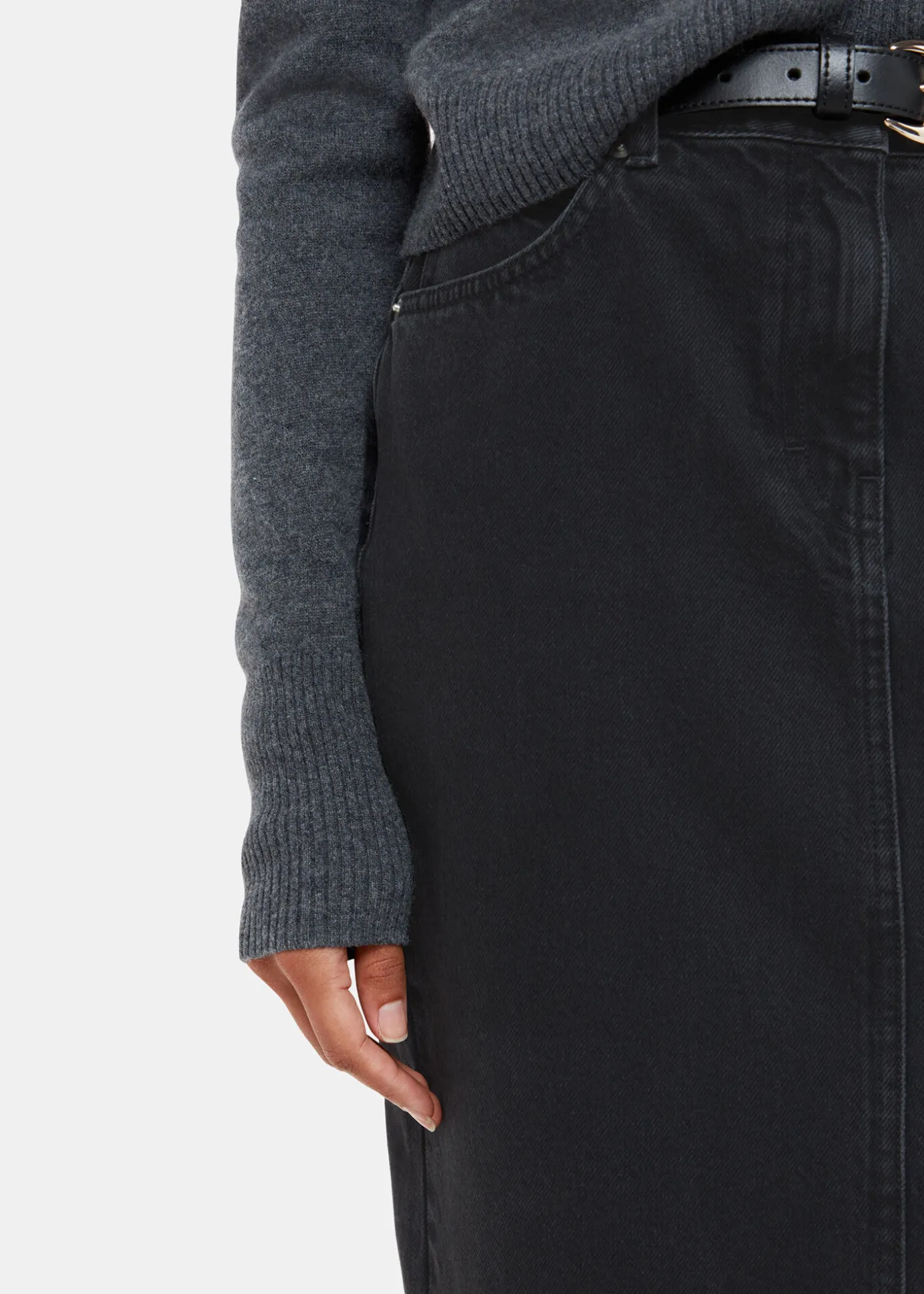 Washed Black Straight Denim Midi Skirt