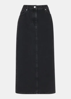 Washed Black Straight Denim Midi Skirt