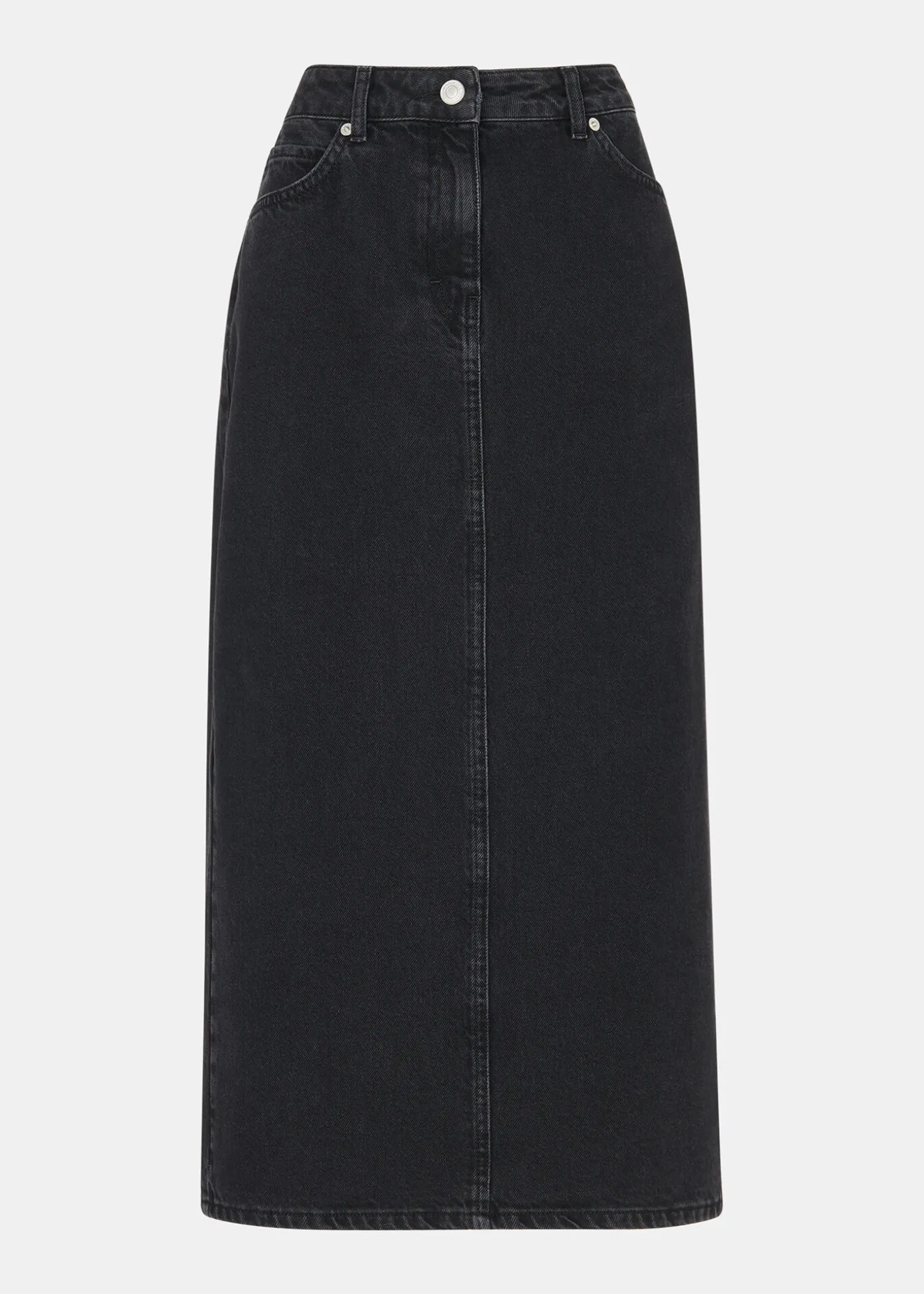 Washed Black Straight Denim Midi Skirt