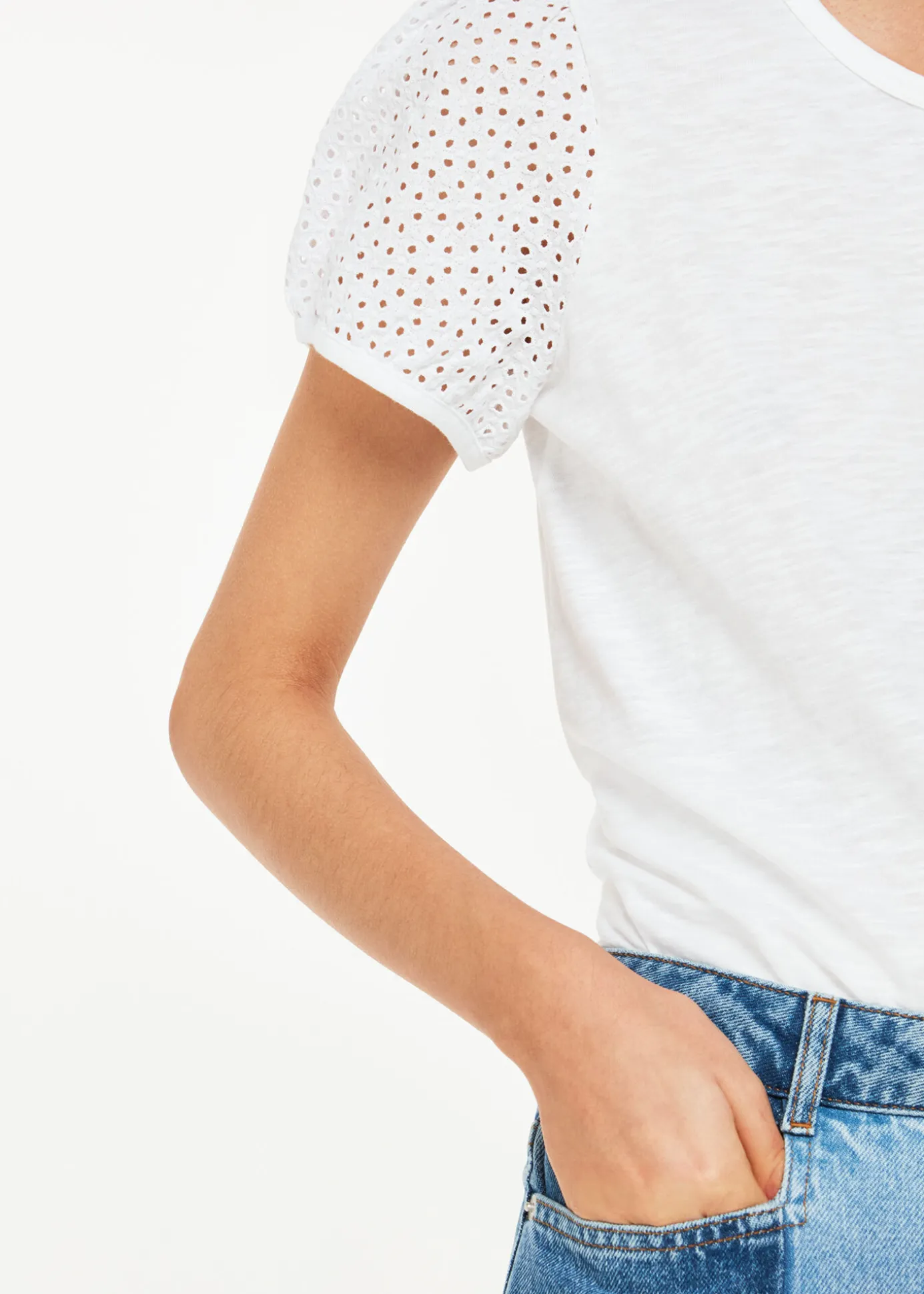 White Broderie Puff Sleeve T-Shirt