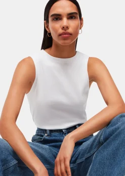 White High Neck Rib Detail Tee