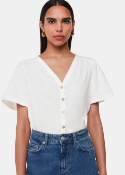 White Maeve V Neck Button Front Tee