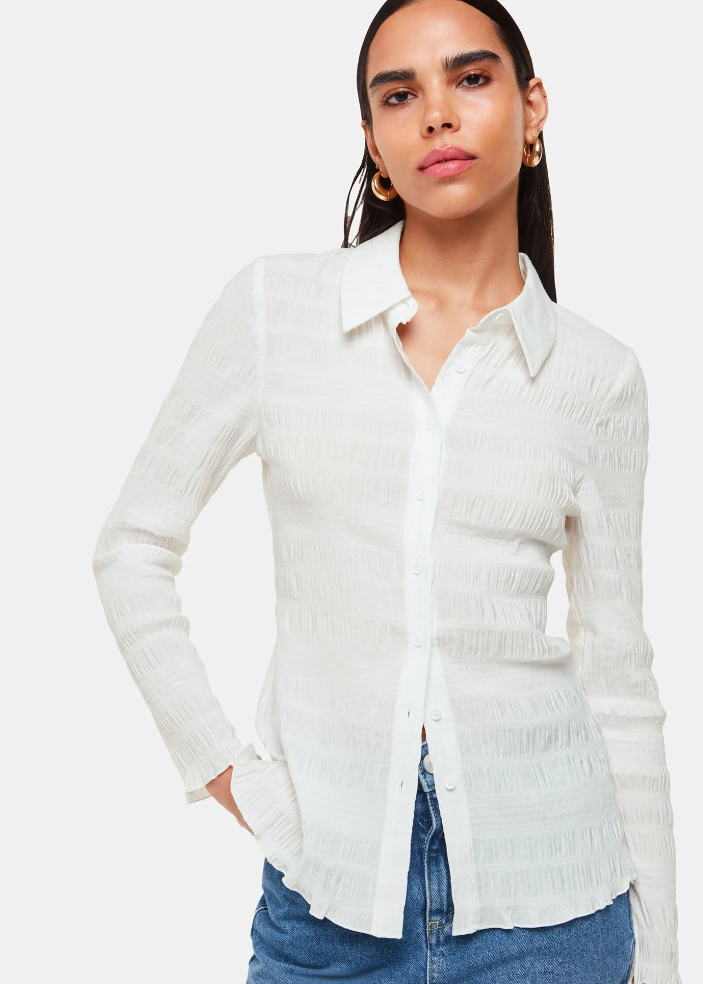 White Plisse Button Front Shirt