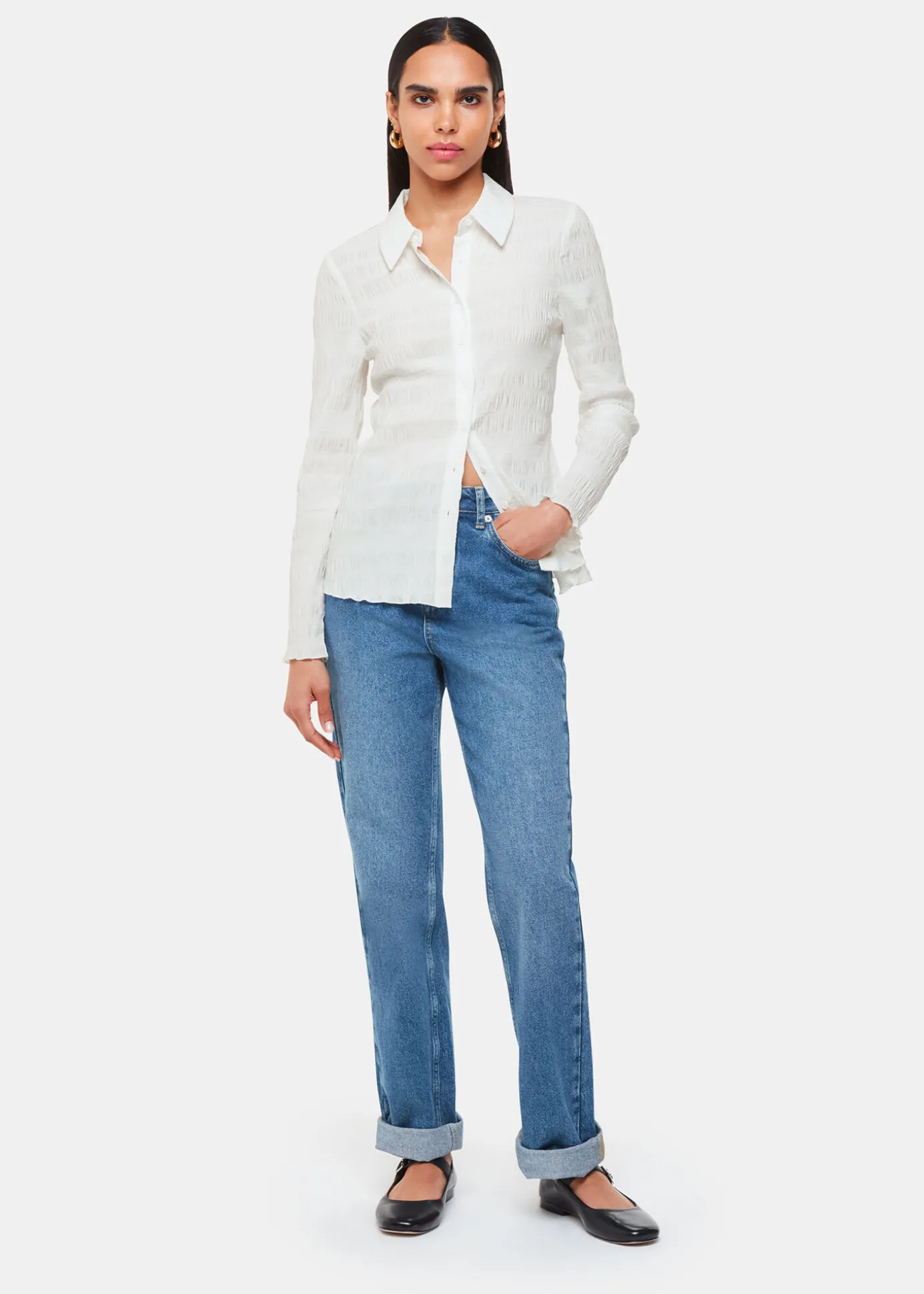 White Plisse Button Front Shirt