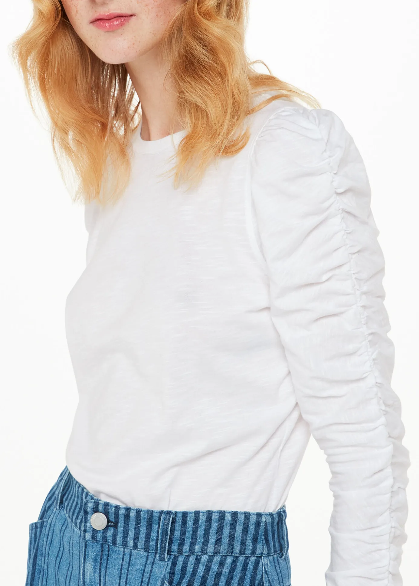 White Ruched Sleeve Top